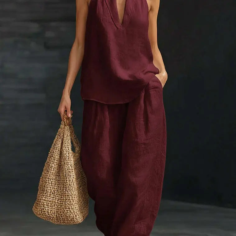 Boho σετ λευκών ειδών δύο τεμαχίων - Ιδανικό για παραλία, διακοπές & brunch! Σετ παντελόνι χωρίς μανίκια με λαιμόκοψη