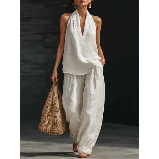 Boho σετ λευκών ειδών δύο τεμαχίων - Ιδανικό για παραλία, διακοπές & brunch! Σετ παντελόνι χωρίς μανίκια με λαιμόκοψη