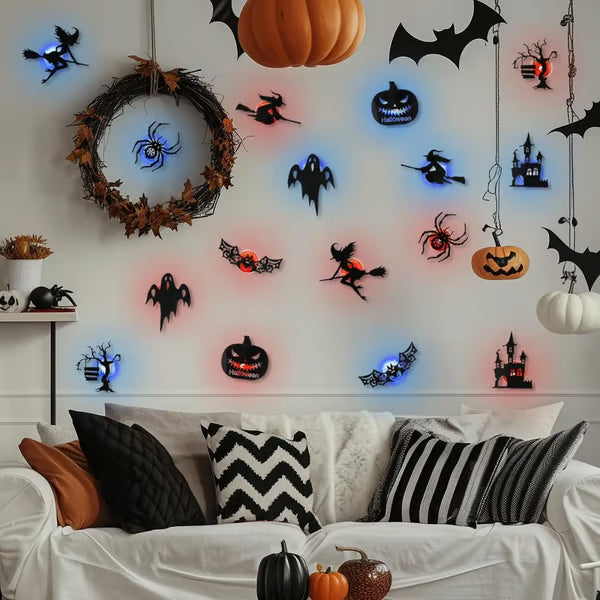 Renter-Friendly Peel & Stick Halloween LED Window Lights, No Drill No Residue, 8 Spooky Silhouette Designs
