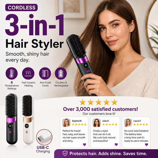 💇‍♀️🔥 3-in-1 Cordless Hair Straightening Brush – Straighten, Curl & Detangle – USB-C Rechargeable with 4 Heat Settings – Perfect Hair Anywhere! ✨