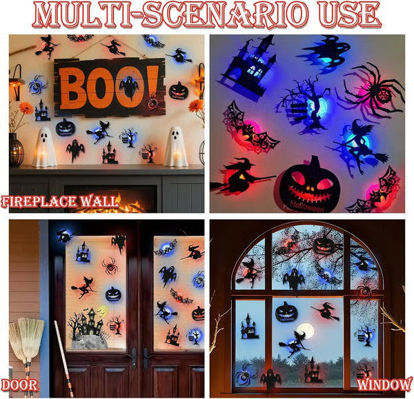 Renter-Friendly Peel & Stick Halloween LED Window Lights, No Drill No Residue, 8 Spooky Silhouette Designs