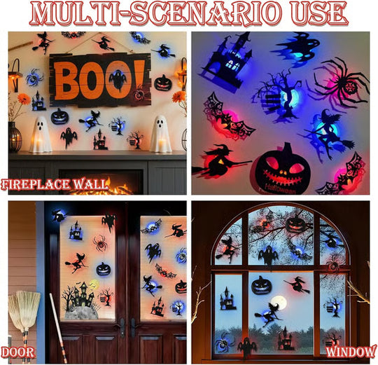 Renter-Friendly Peel & Stick Halloween LED Window Lights, No Drill No Residue, 8 Spooky Silhouette Designs