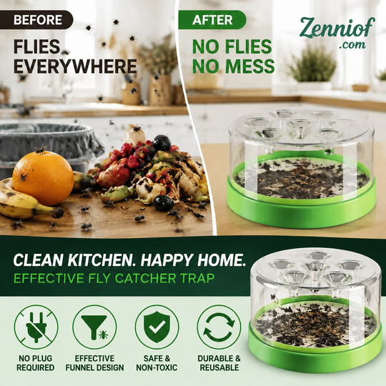 Reusable fly trap—no electricity, no poison!  Safe to use in the kitchen and around children and pets.