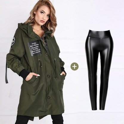 ⏳Retro werkkledingstyling ⏰Trendy damesjack met lange mouwen en capuchon en leren legging