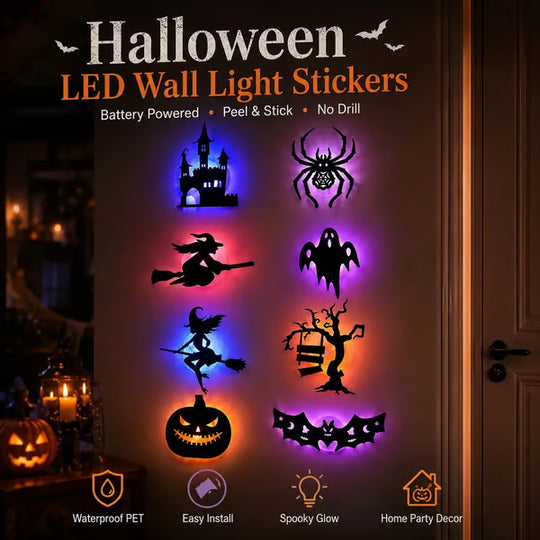 Renter-Friendly Peel & Stick Halloween LED Window Lights, No Drill No Residue, 8 Spooky Silhouette Designs