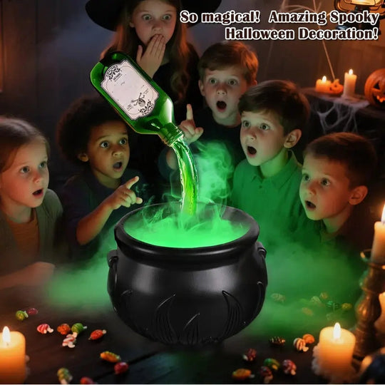 ✨🎃Halloweenské dekorace do interiéru - Čarodějnický kotel s plovoucími lahvičkami s kouzelnými lektvary &  Výrobník mlhy