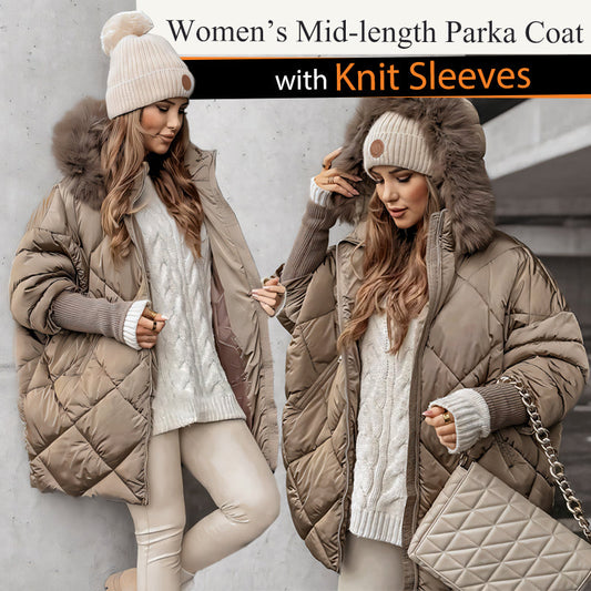 ✨Damesmode halflange parka 🧥 – Herfst- en wintergebreide patchworkmouw, flatterende pasvorm voor koude dagen