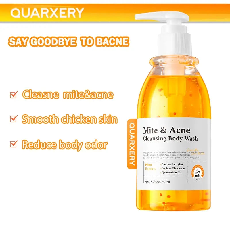 QUARXERY Mite & Acne Cleansing Body Wash 250ml - Anti-Acne & Acne Shower Gel for All Skin Types - Hydrating Formula with Zinc PCA & Quaternium-73