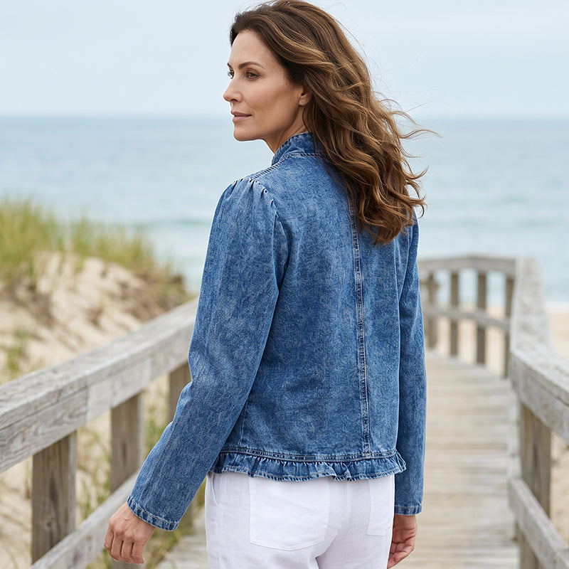 🥳2026 HOT SALE🥳 60% OFF! Open-Front Denim Jacket – No buttons, easy on/off. Flattering ruffle trim, breathable fabric. Classic blue wash. A versatile wardrobe staple. 🌿✅