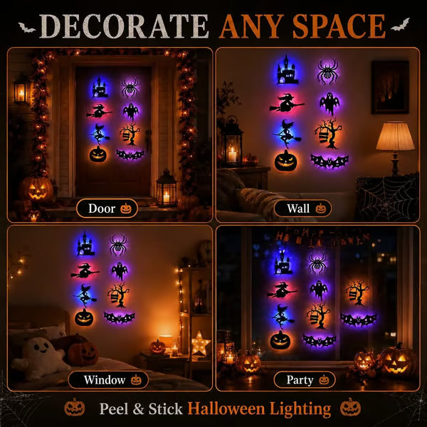 Renter-Friendly Peel & Stick Halloween LED Window Lights, No Drill No Residue, 8 Spooky Silhouette Designs
