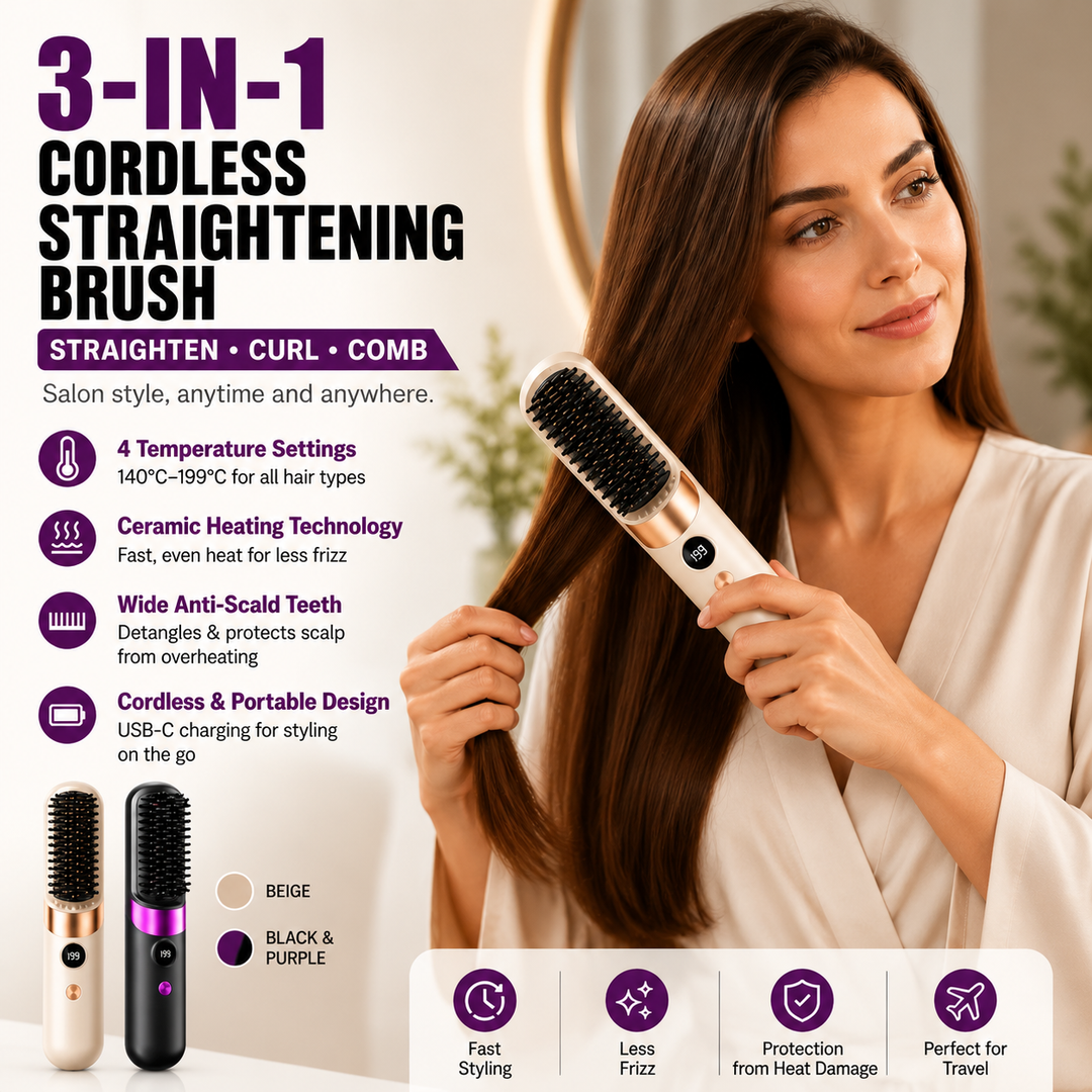 💇‍♀️🔥 3-in-1 Cordless Hair Straightening Brush – Straighten, Curl & Detangle – USB-C Rechargeable with 4 Heat Settings – Perfect Hair Anywhere! ✨