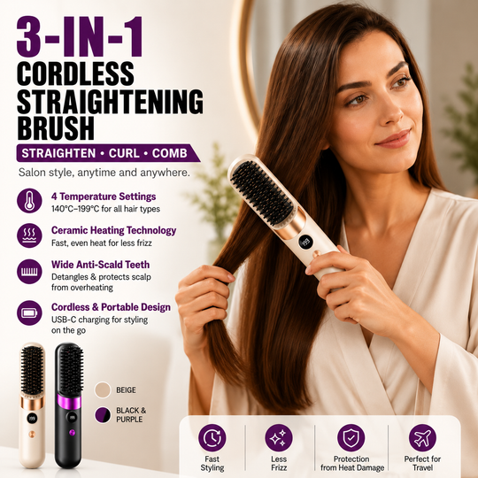 💇‍♀️🔥 3-in-1 Cordless Hair Straightening Brush – Straighten, Curl & Detangle – USB-C Rechargeable with 4 Heat Settings – Perfect Hair Anywhere! ✨