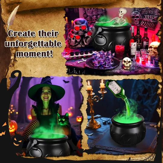 ✨🎃Halloweenské dekorace do interiéru - Čarodějnický kotel s plovoucími lahvičkami s kouzelnými lektvary &  Výrobník mlhy