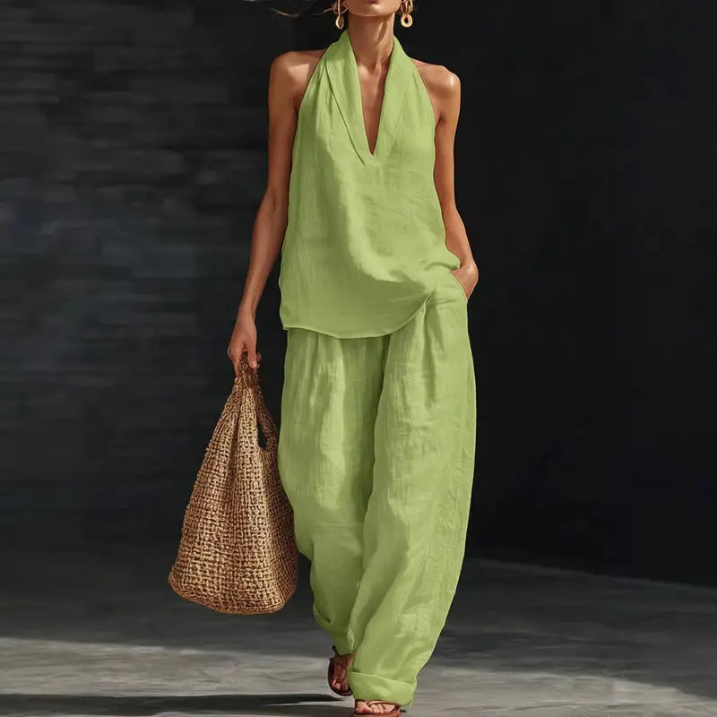 Boho σετ λευκών ειδών δύο τεμαχίων - Ιδανικό για παραλία, διακοπές & brunch! Σετ παντελόνι χωρίς μανίκια με λαιμόκοψη