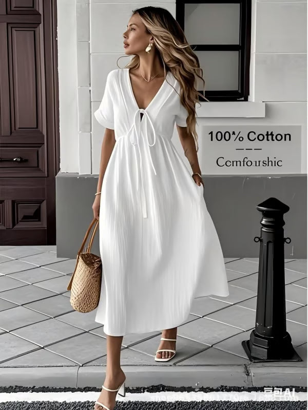 👗 LIMITED-TIME 50% OFF! ✨Women's Summer Solid Color V-Neck Cotton Dress Bohemian Casual Loose Short Sleeve Drawstring Waist Beach Dress with Pockets