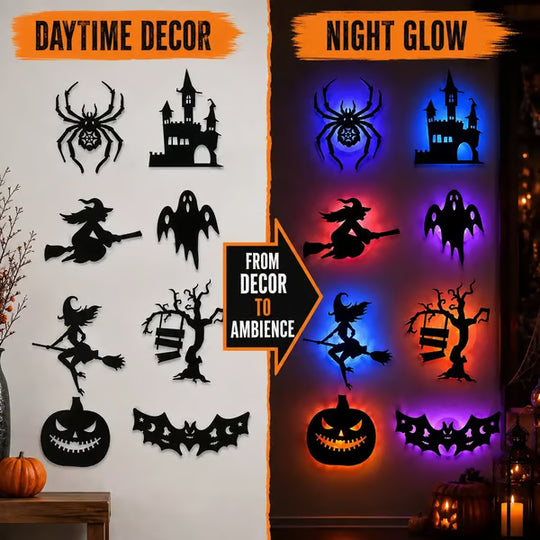 Renter-Friendly Peel & Stick Halloween LED Window Lights, No Drill No Residue, 8 Spooky Silhouette Designs