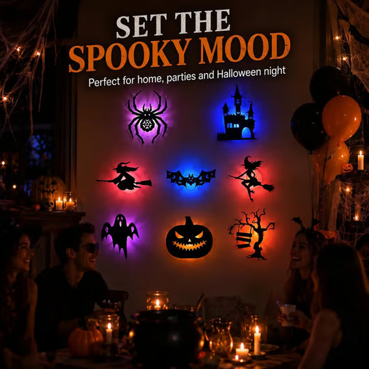 Renter-Friendly Peel & Stick Halloween LED Window Lights, No Drill No Residue, 8 Spooky Silhouette Designs