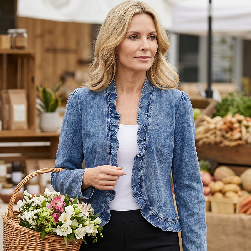 🥳2026 HOT SALE🥳 60% OFF! Open-Front Denim Jacket – No buttons, easy on/off. Flattering ruffle trim, breathable fabric. Classic blue wash. A versatile wardrobe staple. 🌿✅