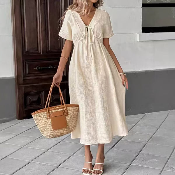 👗 LIMITED-TIME 50% OFF! ✨Women's Summer Solid Color V-Neck Cotton Dress Bohemian Casual Loose Short Sleeve Drawstring Waist Beach Dress with Pockets