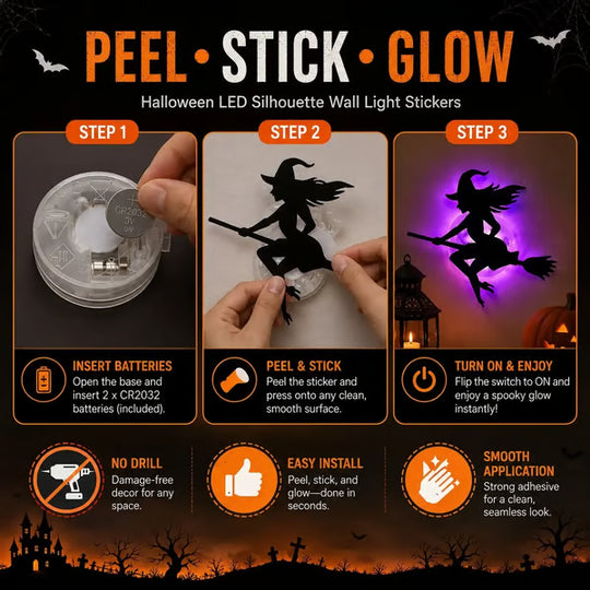 Renter-Friendly Peel & Stick Halloween LED Window Lights, No Drill No Residue, 8 Spooky Silhouette Designs