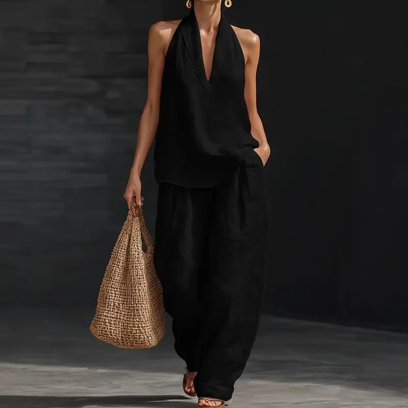 Boho σετ λευκών ειδών δύο τεμαχίων - Ιδανικό για παραλία, διακοπές & brunch! Σετ παντελόνι χωρίς μανίκια με λαιμόκοψη