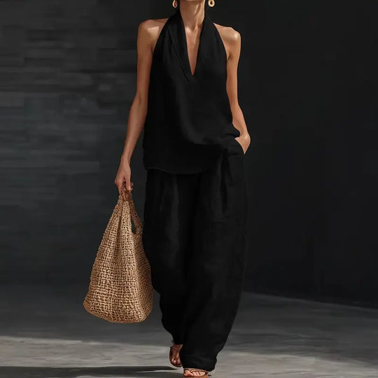 Boho σετ λευκών ειδών δύο τεμαχίων - Ιδανικό για παραλία, διακοπές & brunch! Σετ παντελόνι χωρίς μανίκια με λαιμόκοψη