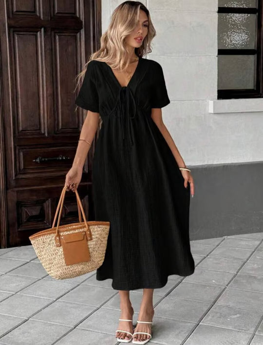 👗 LIMITED-TIME 50% OFF! ✨Women's Summer Solid Color V-Neck Cotton Dress Bohemian Casual Loose Short Sleeve Drawstring Waist Beach Dress with Pockets