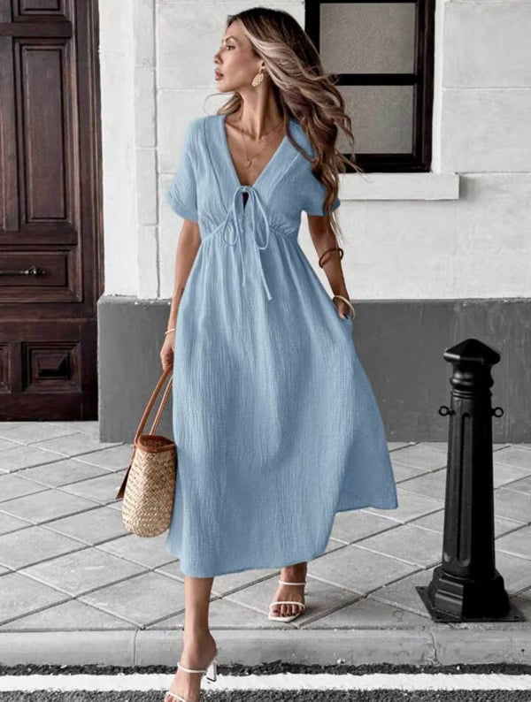 👗 LIMITED-TIME 50% OFF! ✨Women's Summer Solid Color V-Neck Cotton Dress Bohemian Casual Loose Short Sleeve Drawstring Waist Beach Dress with Pockets