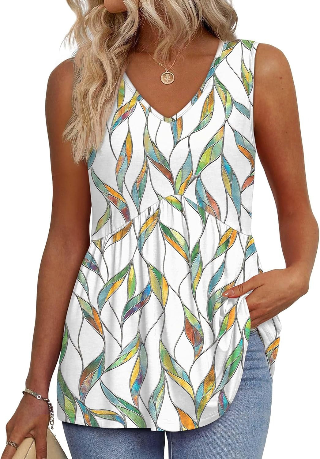 🌞VÝPREDAJ👚Dámske splývavé tielka bez rukávov s výstrihom do V a peplum