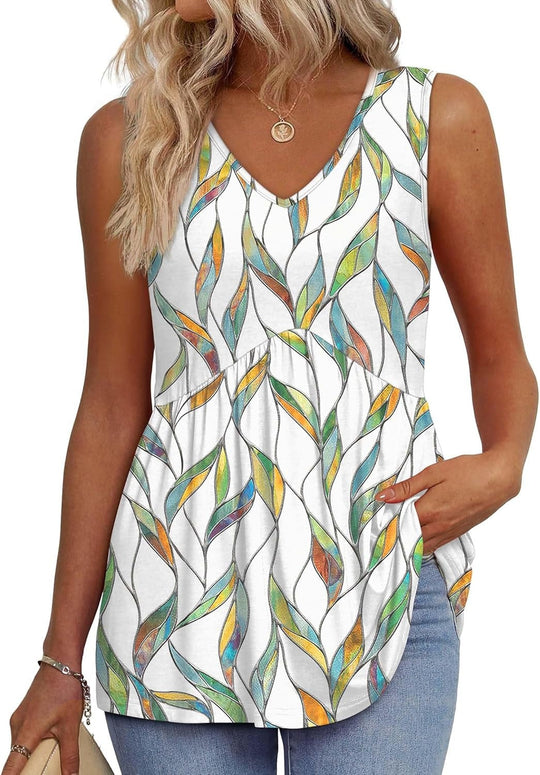 🌞VÝPREDAJ👚Dámske splývavé tielka bez rukávov s výstrihom do V a peplum