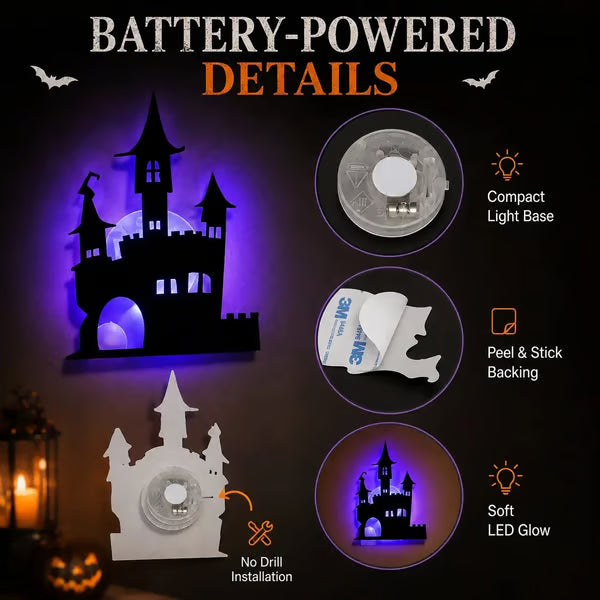 Renter-Friendly Peel & Stick Halloween LED Window Lights, No Drill No Residue, 8 Spooky Silhouette Designs
