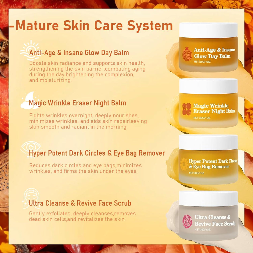 Frøya Organics The Complete System for Mature Women’s Skin | 4-Piece Set with Face Scrub, Day and Night Balm & Eye Balm | With Rosehip, Calendula & Sea Buckthorn | 60 Day Supply