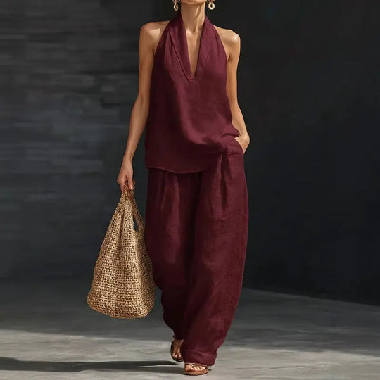 Boho σετ λευκών ειδών δύο τεμαχίων - Ιδανικό για παραλία, διακοπές & brunch! Σετ παντελόνι χωρίς μανίκια με λαιμόκοψη