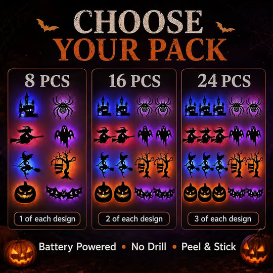 Renter-Friendly Peel & Stick Halloween LED Window Lights, No Drill No Residue, 8 Spooky Silhouette Designs