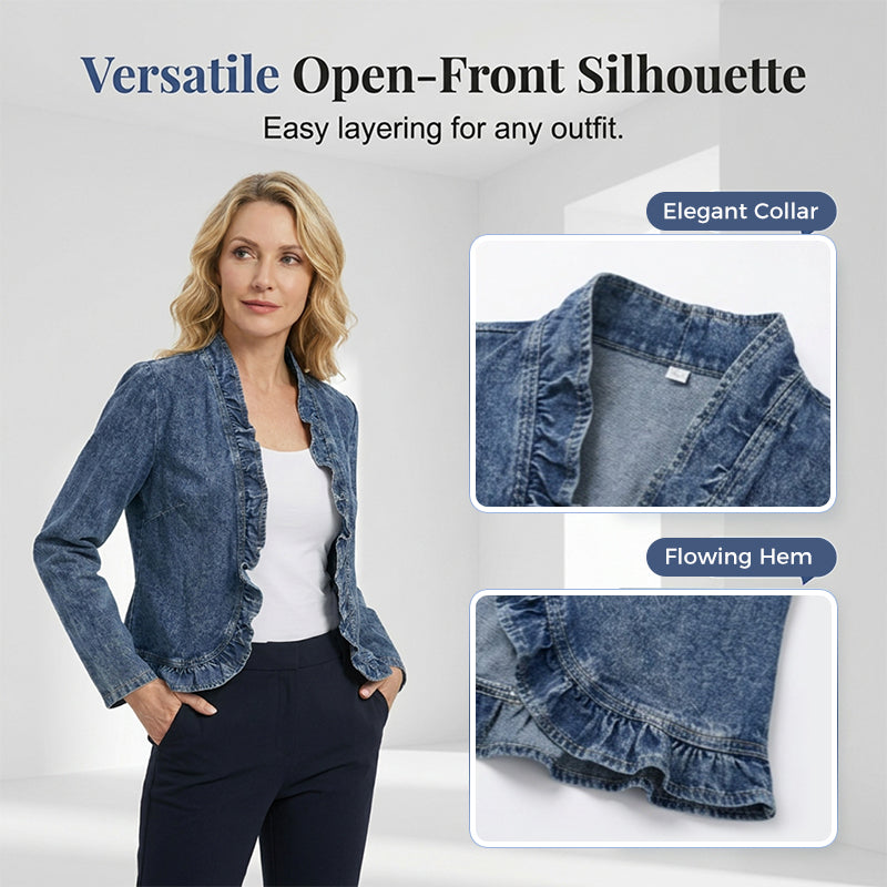 🥳2026 HOT SALE🥳 60% OFF! Open-Front Denim Jacket – No buttons, easy on/off. Flattering ruffle trim, breathable fabric. Classic blue wash. A versatile wardrobe staple. 🌿✅
