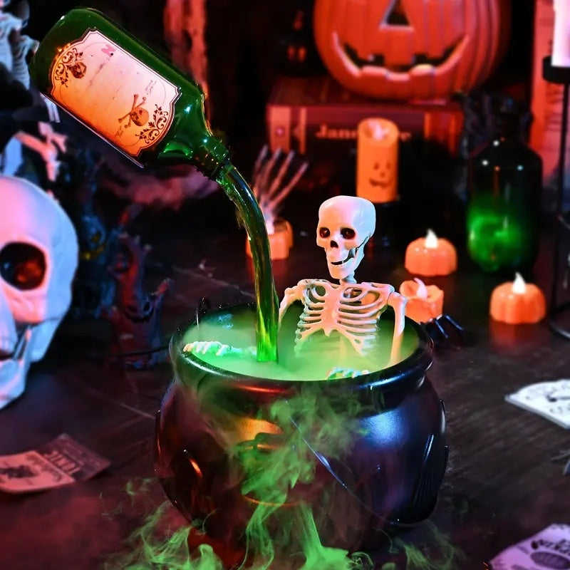 ✨🎃Halloweenské dekorace do interiéru - Čarodějnický kotel s plovoucími lahvičkami s kouzelnými lektvary &  Výrobník mlhy