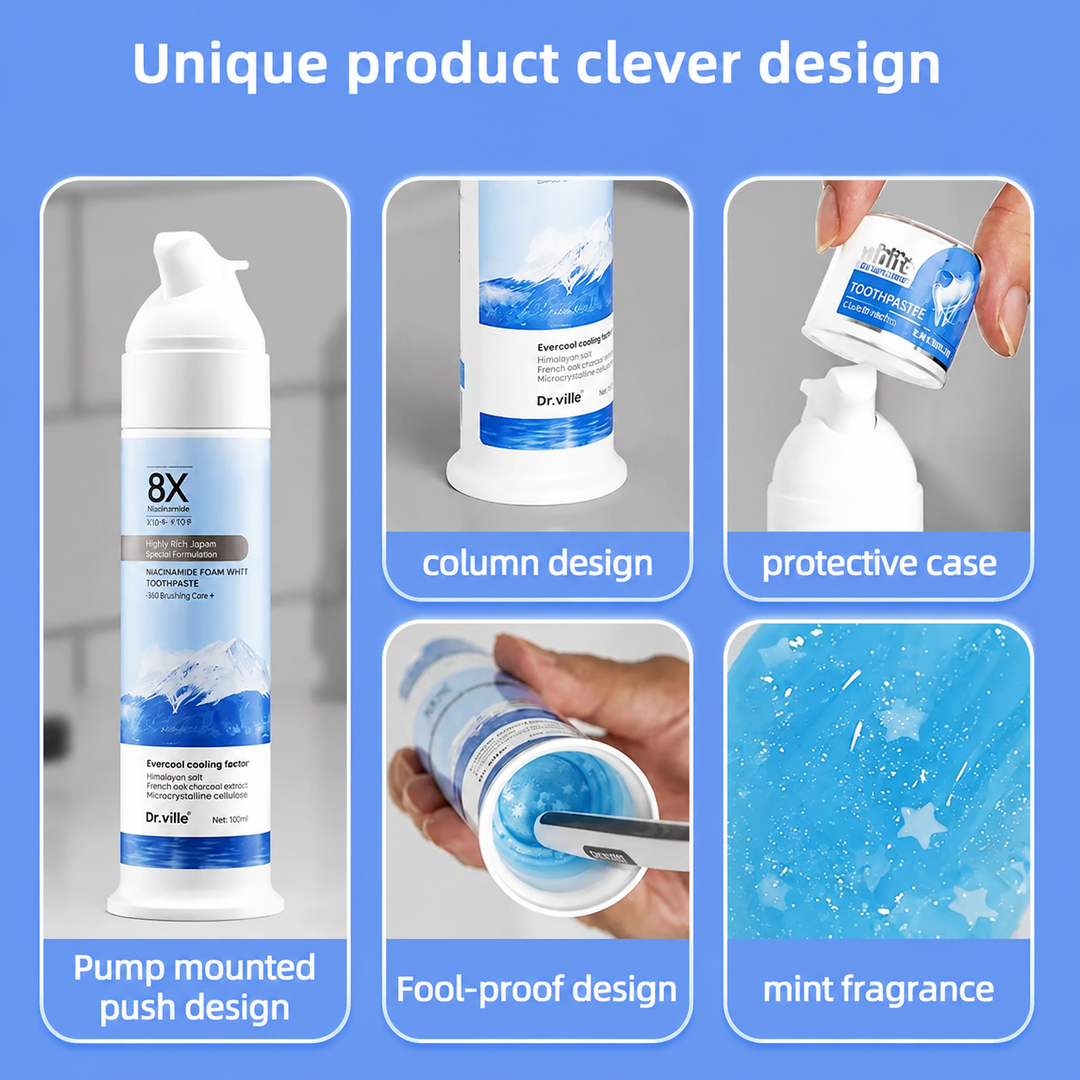 【Professional Grade】Dr.ville Niacinamide Foaming Whitening Toothpaste 8X - Fresh Breath Stain Removal Gentle Teeth Cleaning 100ml-C
