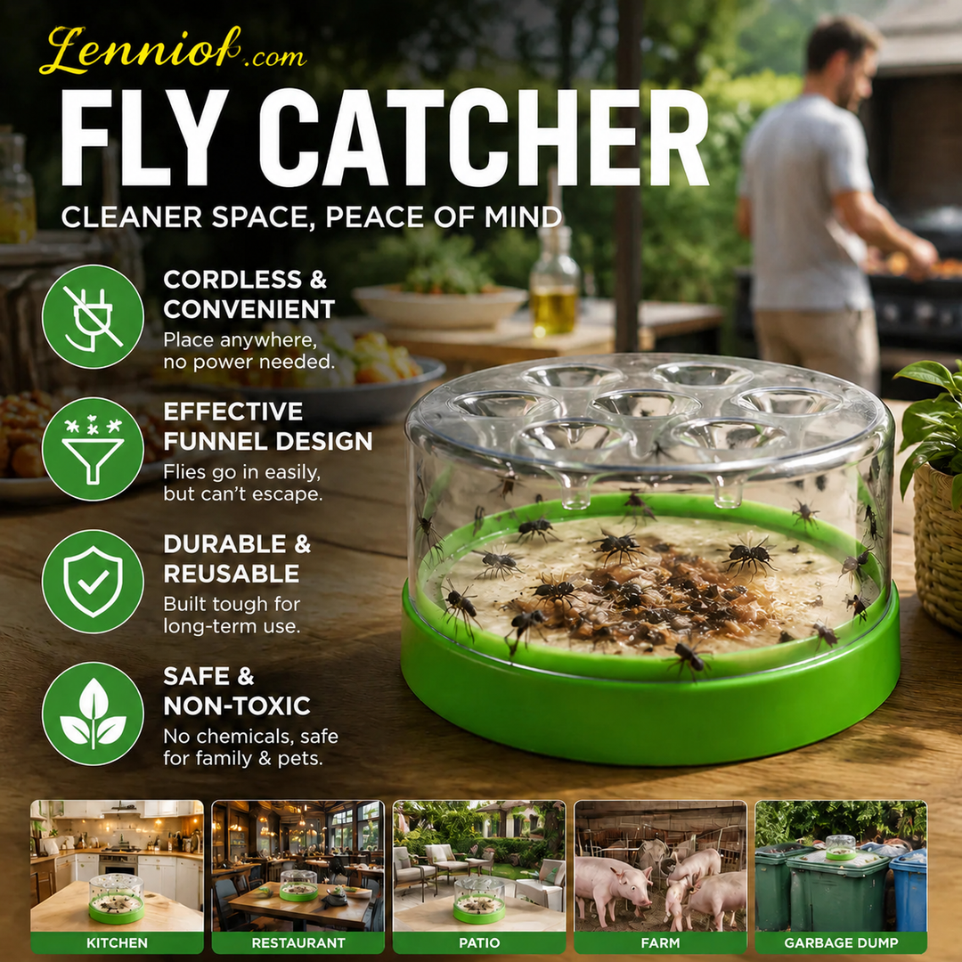 Reusable fly trap—no electricity, no poison!  Safe to use in the kitchen and around children and pets.