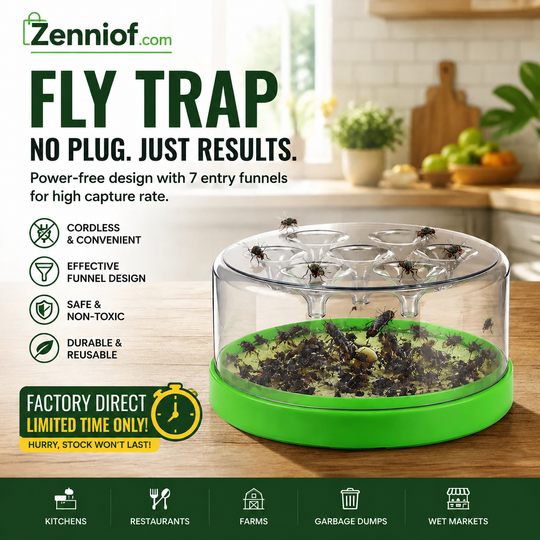 Reusable fly trap—no electricity, no poison!  Safe to use in the kitchen and around children and pets.