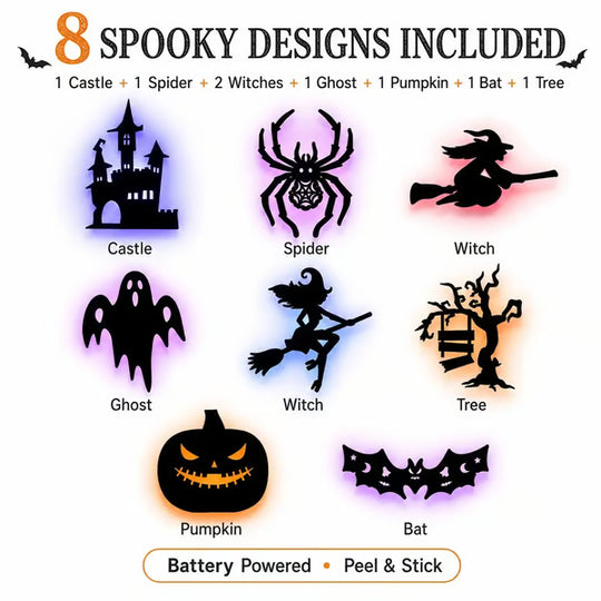 Renter-Friendly Peel & Stick Halloween LED Window Lights, No Drill No Residue, 8 Spooky Silhouette Designs
