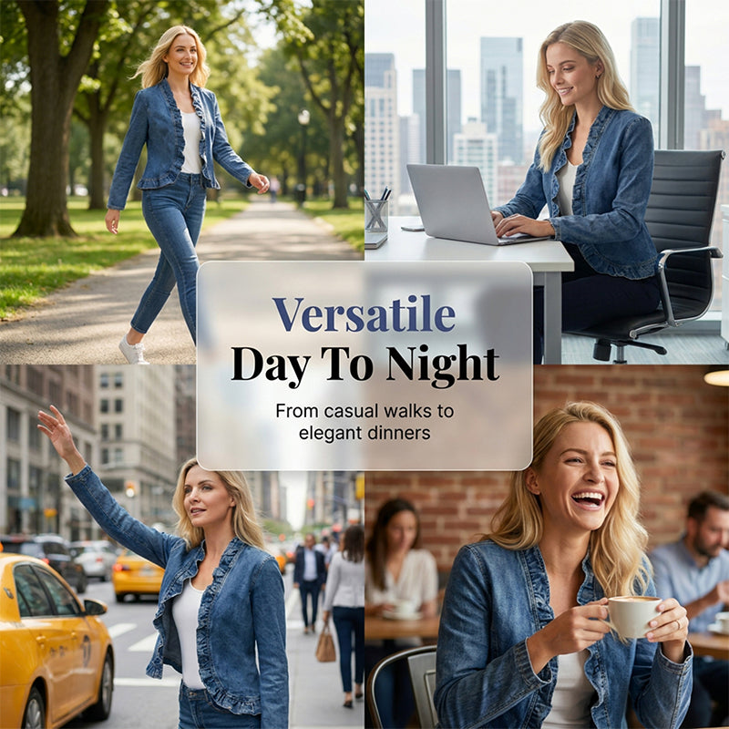 🥳2026 HOT SALE🥳 60% OFF! Open-Front Denim Jacket – No buttons, easy on/off. Flattering ruffle trim, breathable fabric. Classic blue wash. A versatile wardrobe staple. 🌿✅