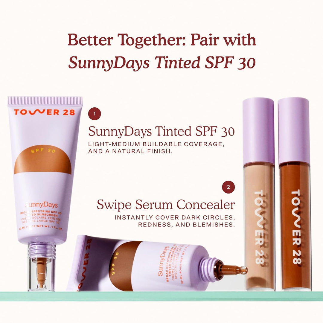 Tower 28 Swipe Serum Concealer - Hydrating Medium-Full Coverage Concealer + Under Eye Brightener - Skin Care Infused Makeup with Hyaluronic Acid + Soothing Centella - 2.0 Fair/Neutral Cool (0.22 oz)