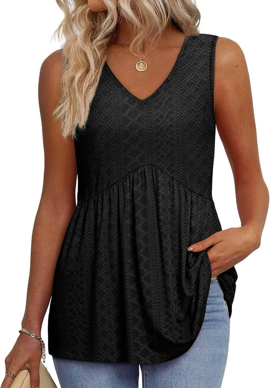🌞VÝPREDAJ👚Dámske splývavé tielka bez rukávov s výstrihom do V a peplum