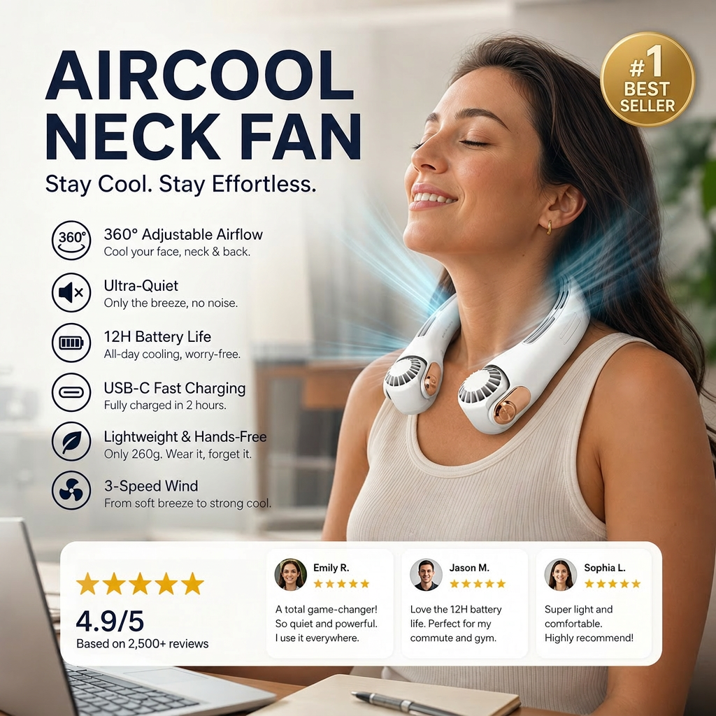 🍃 Neck Air Conditioner Fan – Ultra‑quiet, 360° rotating, 3 speeds. Hands‑free cooling, long battery. Summer essential! 😎🌬️
