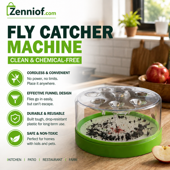 Reusable fly trap—no electricity, no poison!  Safe to use in the kitchen and around children and pets.