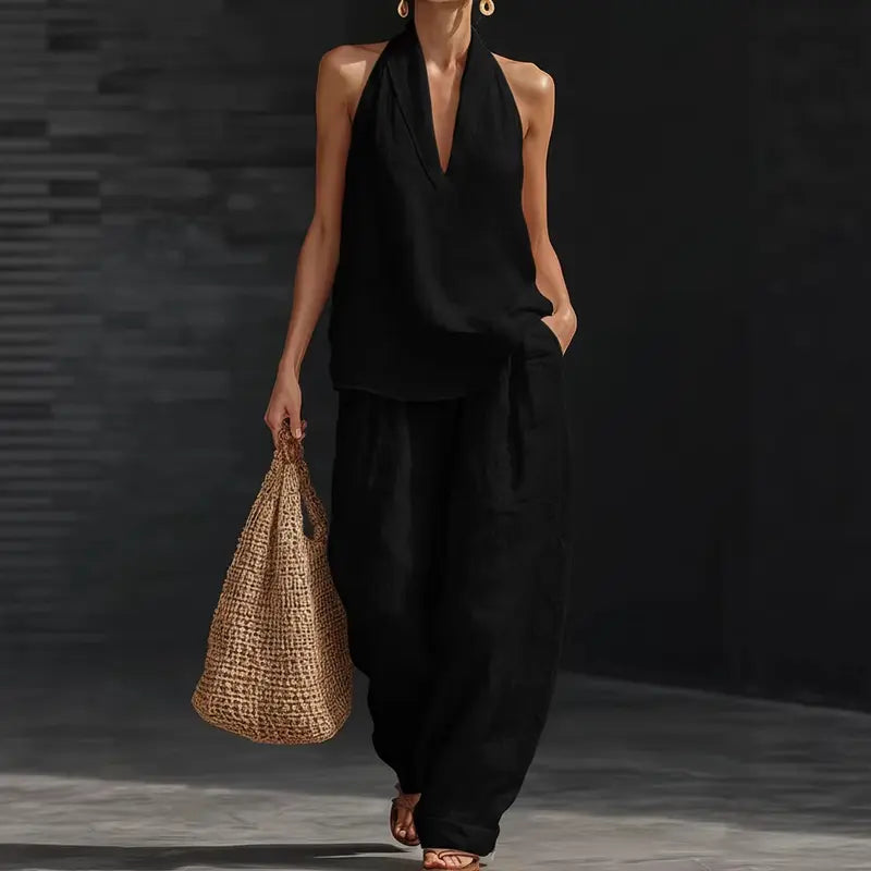 Boho σετ λευκών ειδών δύο τεμαχίων - Ιδανικό για παραλία, διακοπές & brunch! Σετ παντελόνι χωρίς μανίκια με λαιμόκοψη