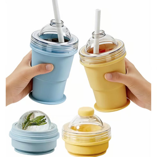 🔥NEW HOT SELLING🔥 2-in-1 Collapsible Silicone Ice Ball Maker Cup & Reusable Ice Sphere Mold with Straw Lid