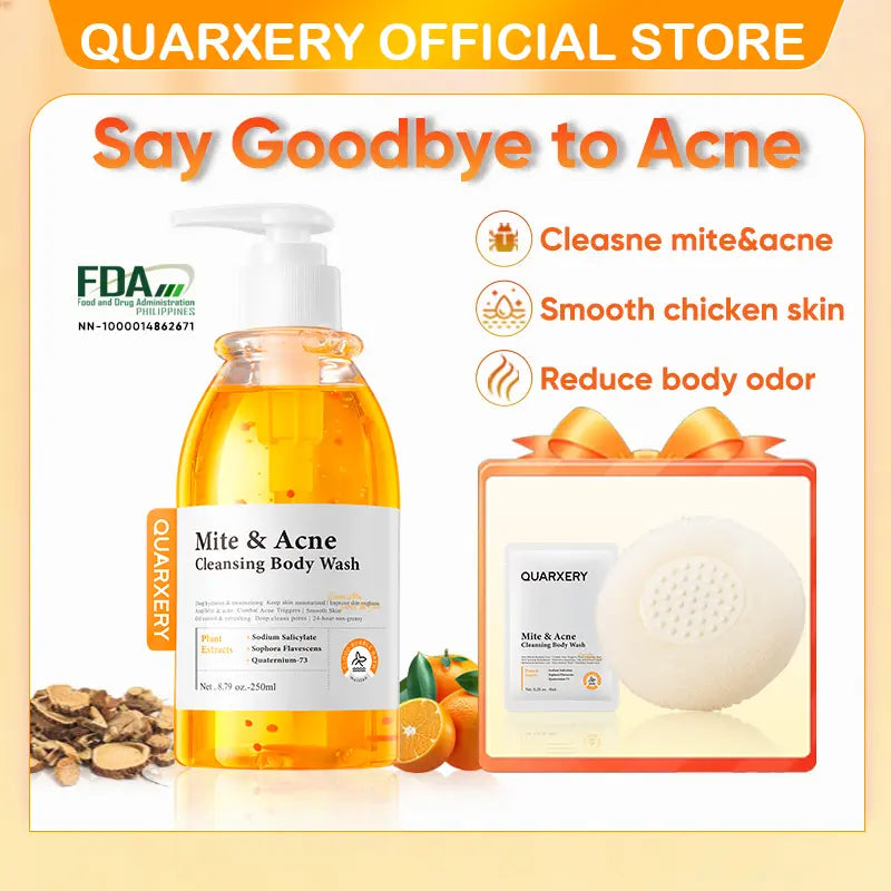 QUARXERY Mite & Acne Cleansing Body Wash 250ml - Anti-Acne & Acne Shower Gel for All Skin Types - Hydrating Formula with Zinc PCA & Quaternium-73