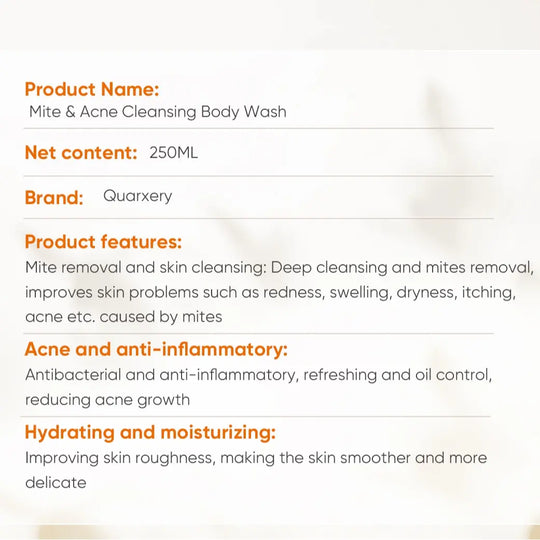 QUARXERY Mite & Acne Cleansing Body Wash 250ml - Anti-Acne & Acne Shower Gel for All Skin Types - Hydrating Formula with Zinc PCA & Quaternium-73