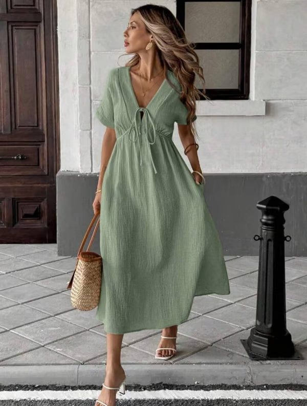 👗 LIMITED-TIME 50% OFF! ✨Women's Summer Solid Color V-Neck Cotton Dress Bohemian Casual Loose Short Sleeve Drawstring Waist Beach Dress with Pockets
